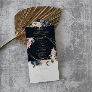 Navy Blush Floral Gold Geometric Wedding All In One Uitnodiging