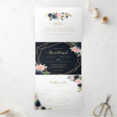Navy Blush Floral Gold Geometric Wedding Drieluik Uitnodiging (Binnen)