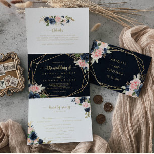 Navy Blush Floral Gold Geometric Wedding Drieluik Uitnodiging
