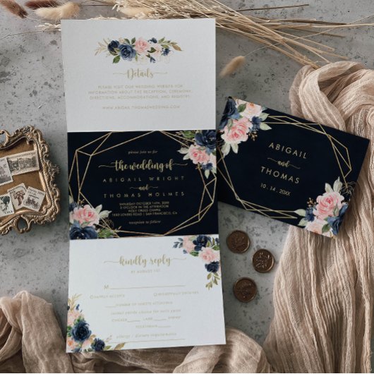 Navy Blush Floral Gold Geometric Wedding Drieluik Uitnodiging