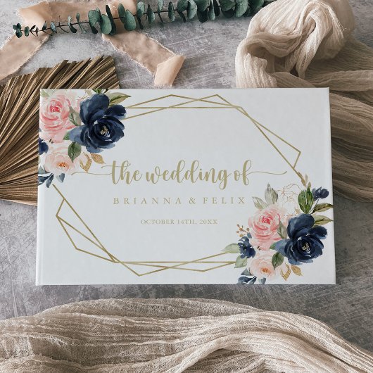 Navy Blush Floral Gold Geometric Wedding Gastenboek