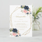 Navy Blush Floral Gold Geometrische Baby Sprinkle Kaart (Staand voorkant)