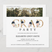 Navy Blush Floral Gold Letter Afstudeerder Foto Kaart (Voorkant / Achterkant)