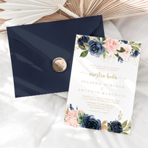 Navy Blush Floral Gold Nuestra Boda Wedding Kaart