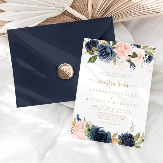 Navy Blush Floral Gold Nuestra Boda Wedding Kaart