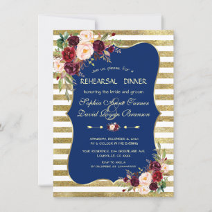 Navy Blush Floral Gold Stripes Rehearsal Dinner Kaart