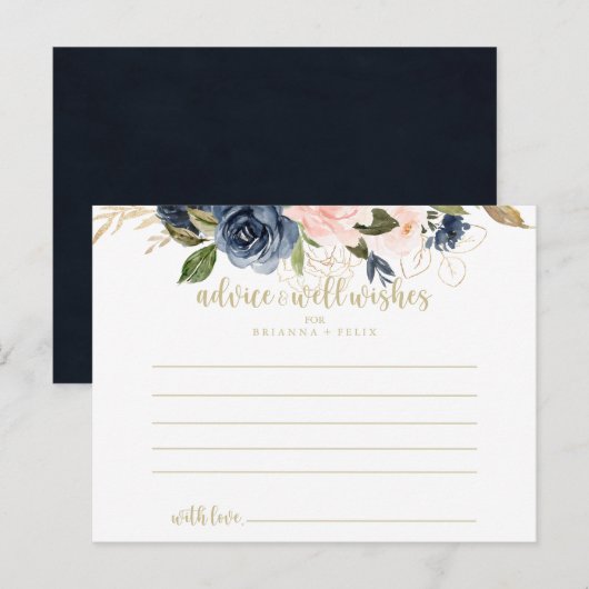 Navy Blush Floral Gold Wedding Briefkaart (Voorkant / Achterkant)