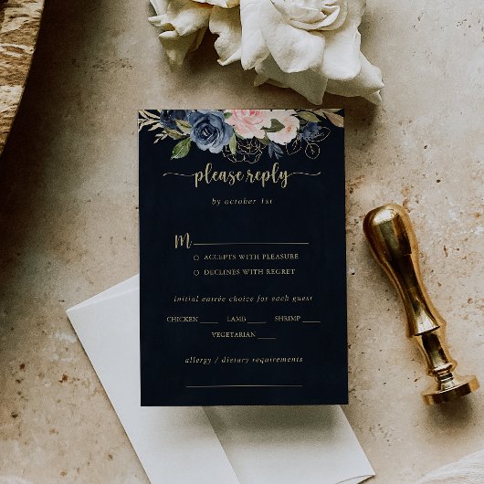 Navy Blush Floral Gold Wedding Menu Keuze RSVP