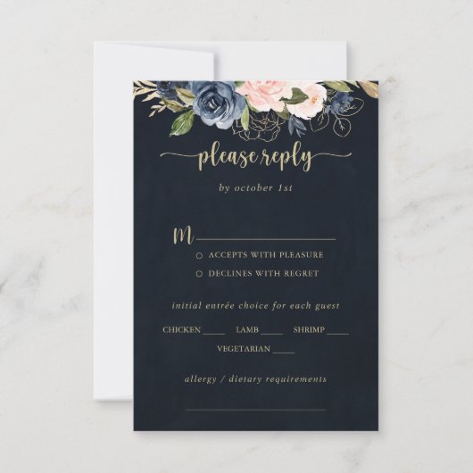 Navy Blush Floral Gold Wedding Menu Keuze RSVP (Voorkant)