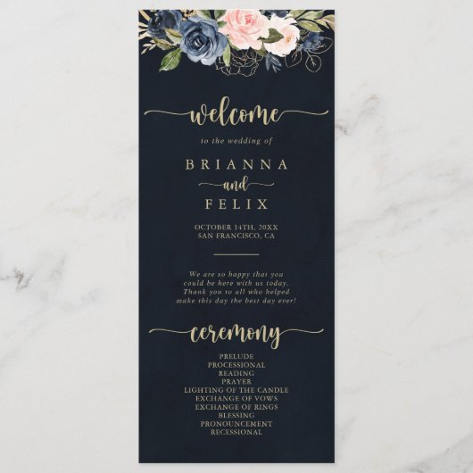 Navy Blush Floral Gold Wedding Programme Programmakaart (Voorkant)