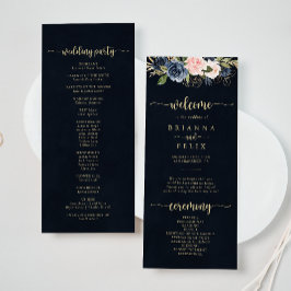 Navy Blush Floral Gold Wedding Programme Programmakaart