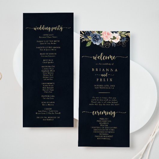 Navy Blush Floral Gold Wedding Programme Programmakaart