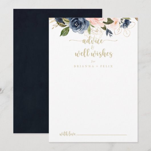 Navy Blush Floral Gold Wedding Well Wishes Advieskaart (Voorkant / Achterkant)