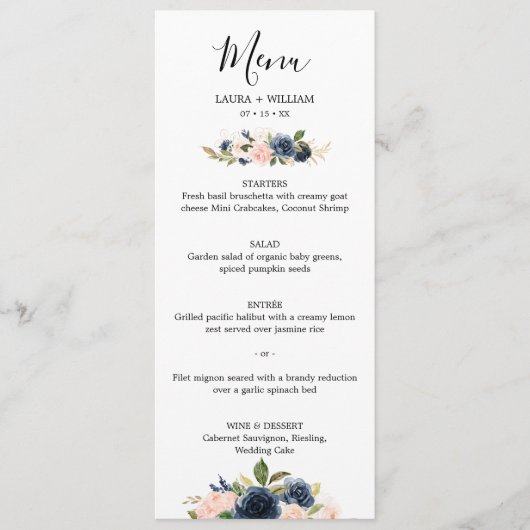 Navy Blush Floral Golden Leaves Wedding Menu (Voorkant)