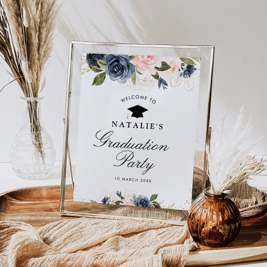 Navy blush floral graduparty welkomstteken poster