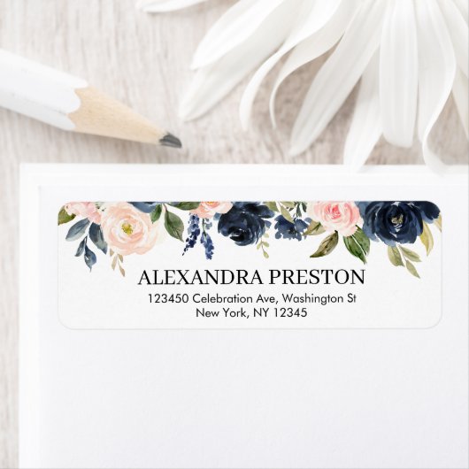 Navy Blush Floral Greenery Botanical Address Label (Insitu)