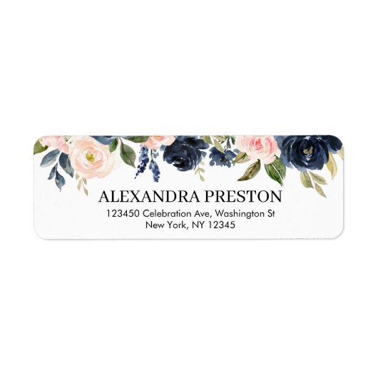 Navy Blush Floral Greenery Botanical Address Label (Voorkant)
