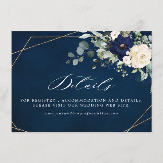 Navy Blush Floral Greenery Geometric Wedding Informatiekaartje (Voorkant)