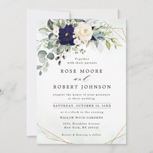 Navy Blush Floral Greenery Geometric Wedding Kaart (Voorkant)