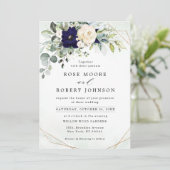Navy Blush Floral Greenery Geometric Wedding Kaart (Staand voorkant)