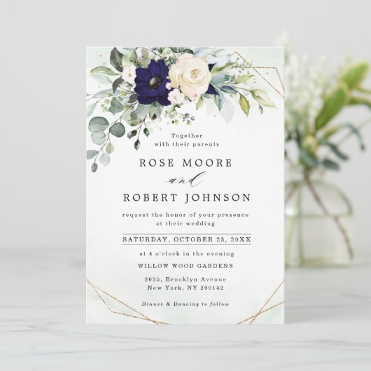 Navy Blush Floral Greenery Geometric Wedding Kaart (Staand voorkant)