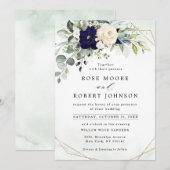 Navy Blush Floral Greenery Geometric Wedding Kaart (Voorkant / Achterkant)