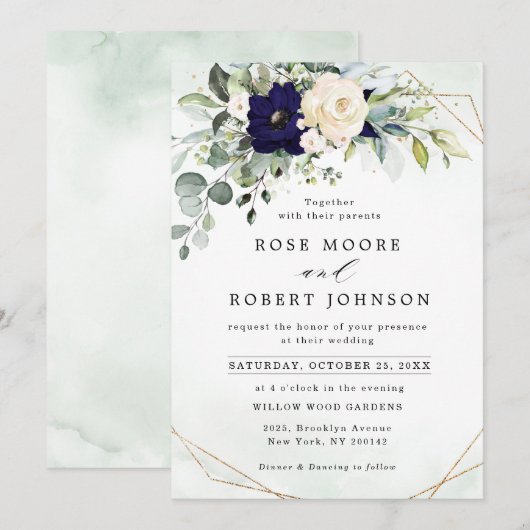 Navy Blush Floral Greenery Geometric Wedding Kaart (Voorkant / Achterkant)