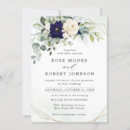 Navy Blush Floral Greenery Geometric Wedding Kaart