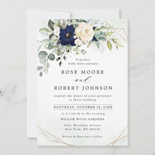 Navy Blush Floral Greenery Geometric Wedding Kaart (Voorkant)