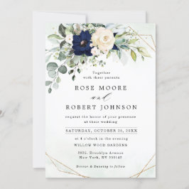 Navy Blush Floral Greenery Geometric Wedding Kaart