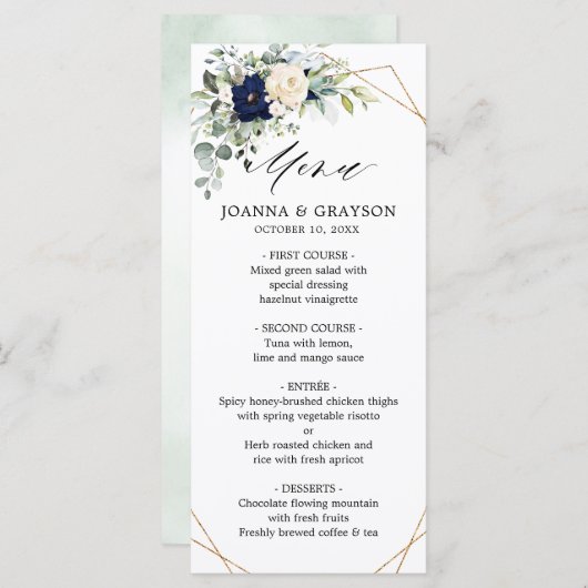 Navy Blush Floral Greenery Geometric Wedding Menu (Voorkant / Achterkant)