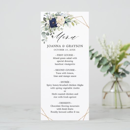 Navy Blush Floral Greenery Geometric Wedding Menu (Staand voorkant)
