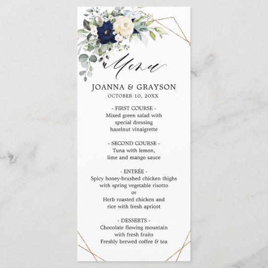 Navy Blush Floral Greenery Geometric Wedding Menu (Voorkant)