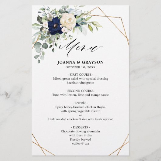 Navy Blush Floral Greenery Geometric Wedding Menu (Voorkant)