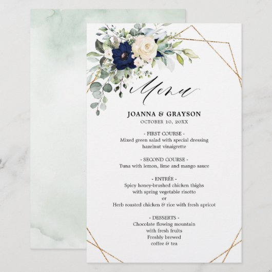 Navy Blush Floral Greenery Geometric Wedding Menu (Voorkant / Achterkant)