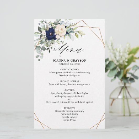 Navy Blush Floral Greenery Geometric Wedding Menu (Staand voorkant)