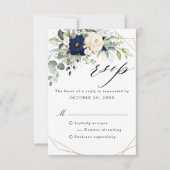 Navy Blush Floral Greenery Geometric Wedding RSVP Kaartje (Voorkant)