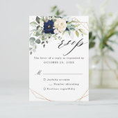 Navy Blush Floral Greenery Geometric Wedding RSVP Kaartje (Staand voorkant)