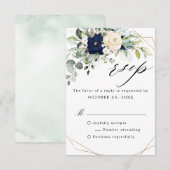 Navy Blush Floral Greenery Geometric Wedding RSVP Kaartje (Voorkant / Achterkant)