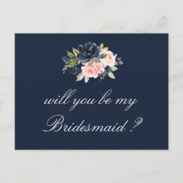Navy Blush Floral, jij wordt mijn bruidsmeisje kaa Uitnodiging Briefkaart