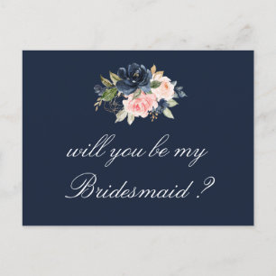 Navy Blush Floral, jij wordt mijn bruidsmeisje kaa Uitnodiging Briefkaart