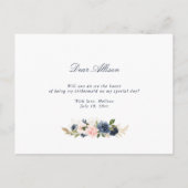 Navy Blush Floral, jij wordt mijn bruidsmeisje kaa Uitnodiging Briefkaart (Achterkant)