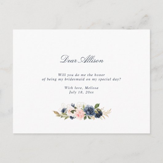 Navy Blush Floral, jij wordt mijn bruidsmeisje kaa Uitnodiging Briefkaart (Achterkant)