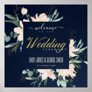 NAVY BLUSH FLORAL LIJST WATERVERF WEDDING WELKOM POSTER