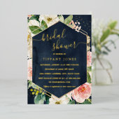 Navy Blush Floral Modern Vrijgezellenfeest Folie Uitnodiging (Staand Voorkant)
