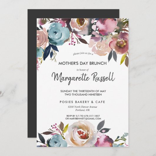 Navy & Blush Floral Moederdag Brunch Invitation Kaart (Voorkant / Achterkant)