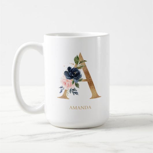 Navy Blush Floral Monogram Letter "A" op maat Koffiemok (Links)