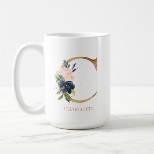 Navy Blush Floral Monogram Letter "C" op maat Koffiemok (Links)