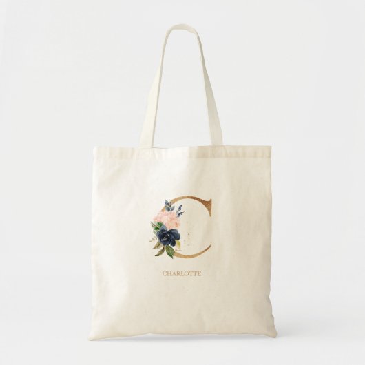 Navy Blush Floral Monogram Letter "C" op maat Tote Bag (Voorkant)