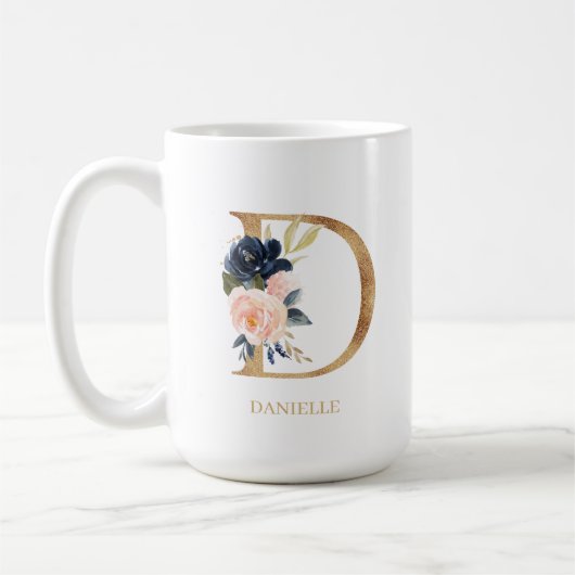 Navy Blush Floral Monogram Letter "D" op maat Koffiemok (Links)